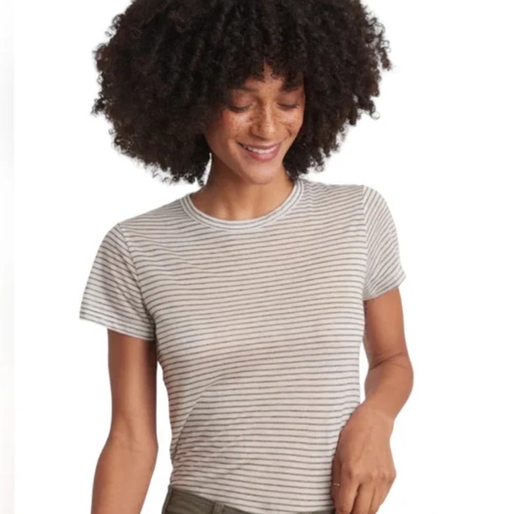 Marine Layer Women Black Striped Tencel Basic Baby Crewneck Tee XL Lightweight